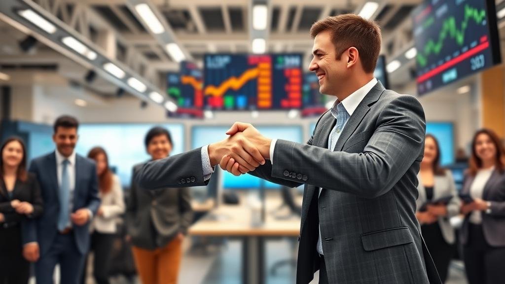corporate-merger.jpg A dynamic, optimistic image of two business leaders shaking hands in a bustling office to signify a successful corporate merger, with stock tickers showing upward trends in the background.