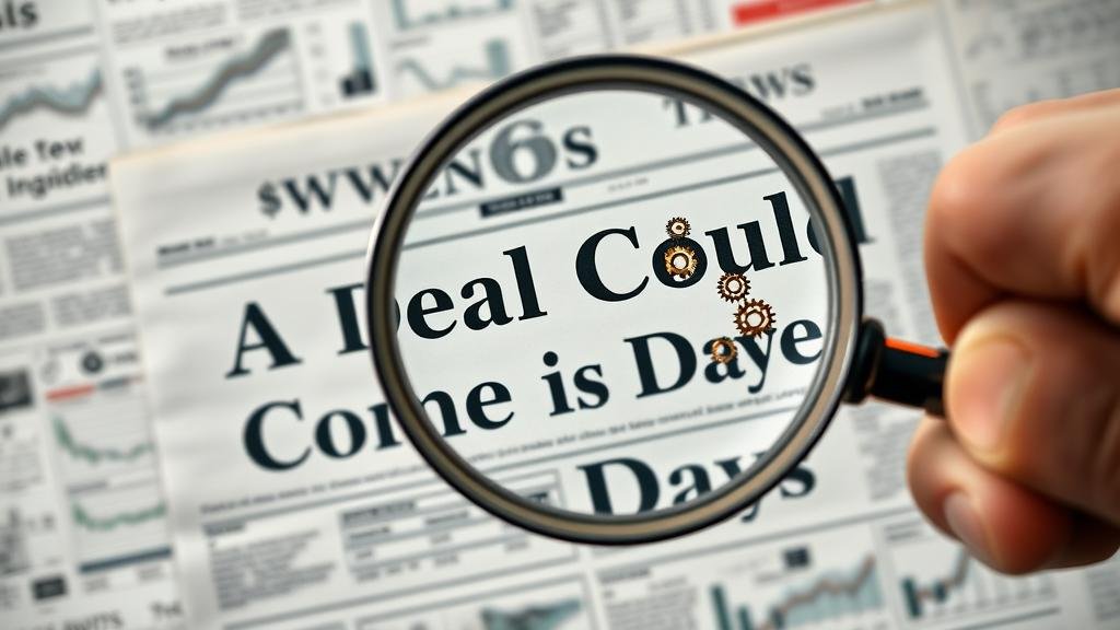 reading-between-the-lines.jpg An abstract image of a person holding a magnifying glass to a newspaper headline that reads 'A Deal Could Come in Days,' revealing hidden gears and cogs behind the words to symbolize reading between the lines.