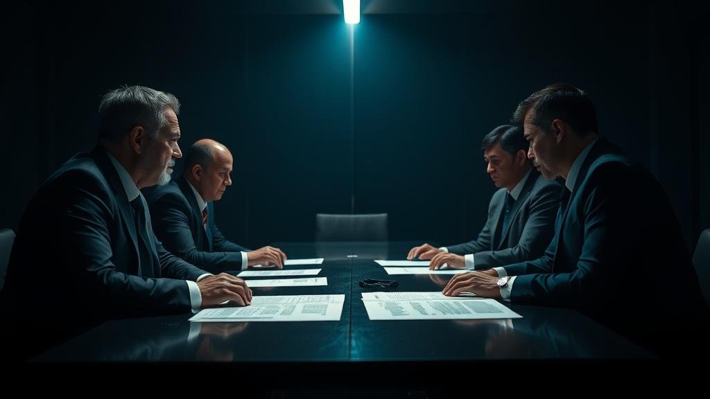 high-stakes-negotiation.jpg A dramatic, cinematic shot of a high-stakes negotiation in a modern, dimly lit boardroom. The air is thick with tension as two parties face each other across a long table, conveying immense pressure and strategic maneuvering.
