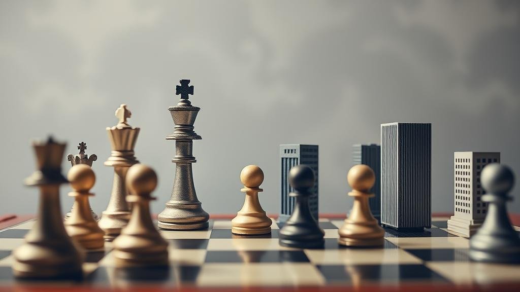 A chess master contemplates a move on a chessboard with corporate building pieces, symbolizing M&A strategy.