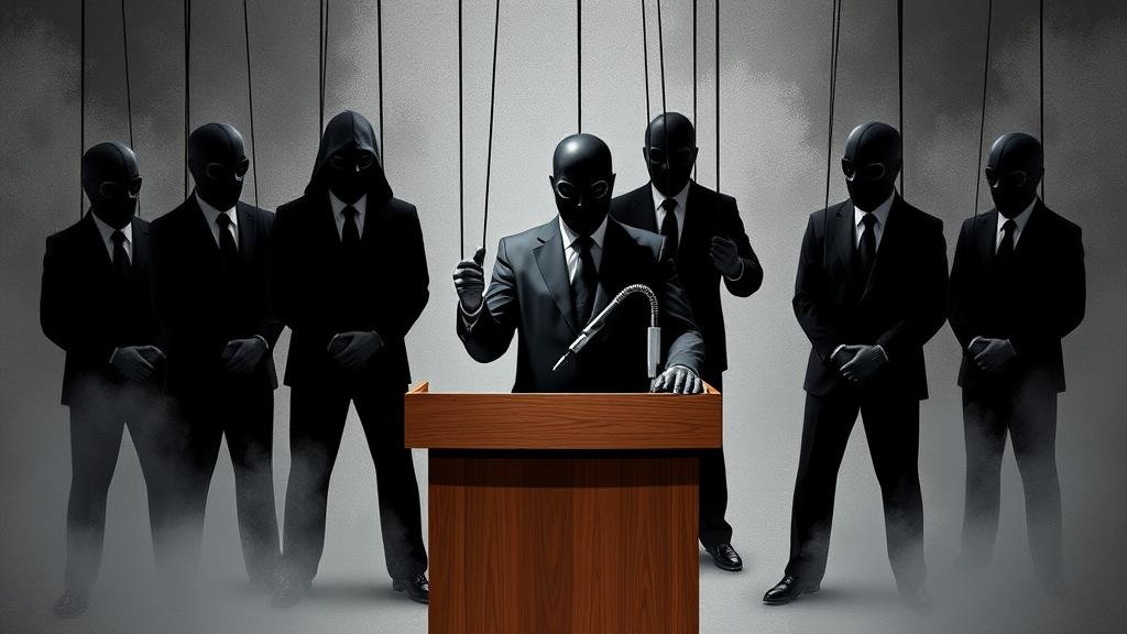 Shadowy figures puppeteering a CEO at a podium, representing the hidden sources behind financial news.