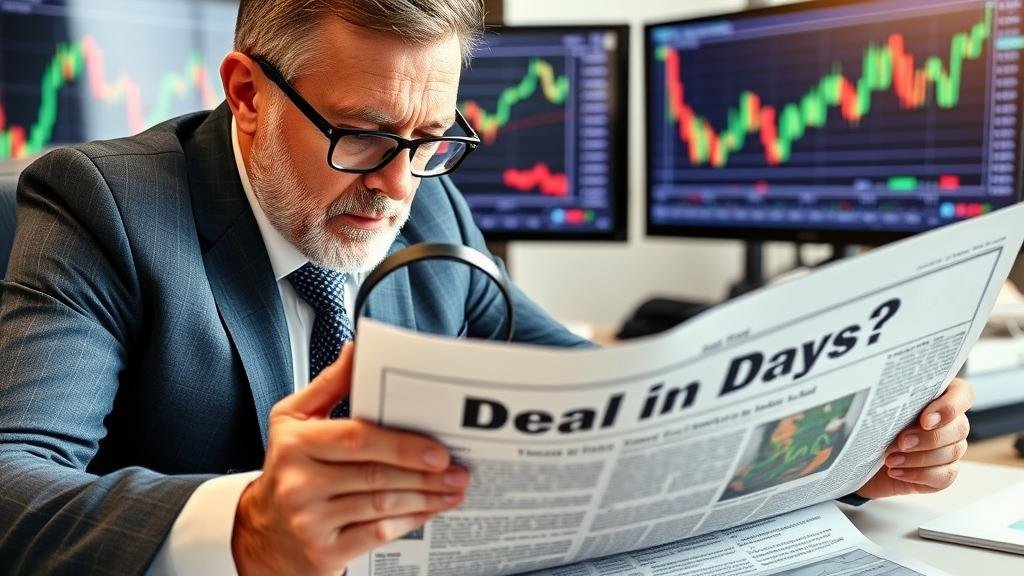 An investor using a magnifying glass to examine a financial newspaper, showing careful analysis of the market.