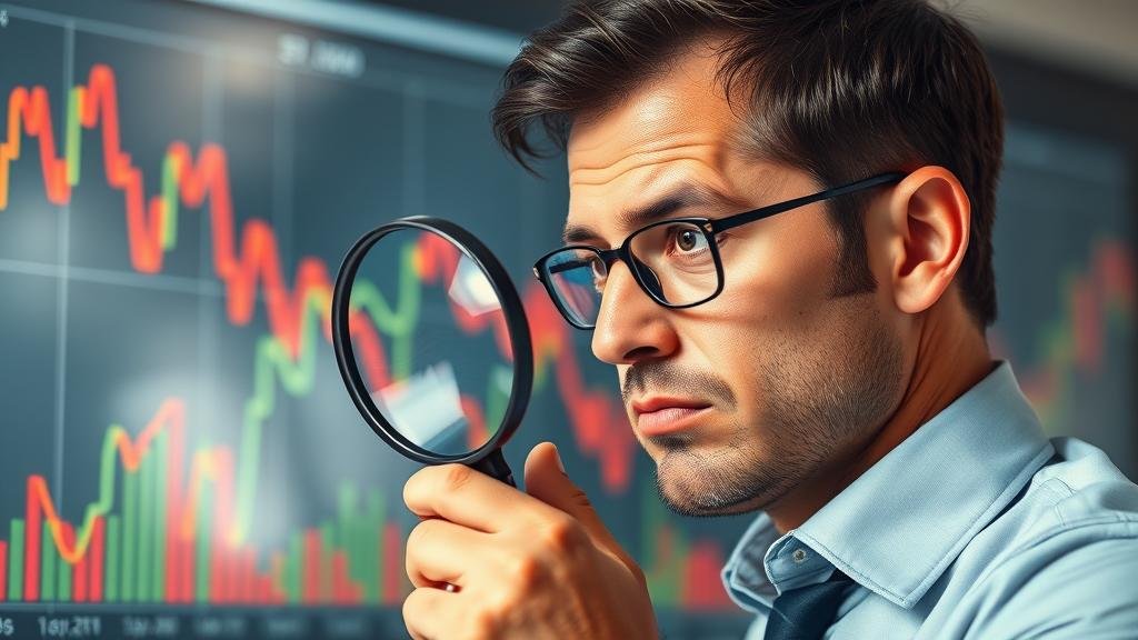 An investor looking at a volatile stock market graph with a magnifying glass, embodying the theme of skepticism and careful analysis before making financial decisions based on rumors.
