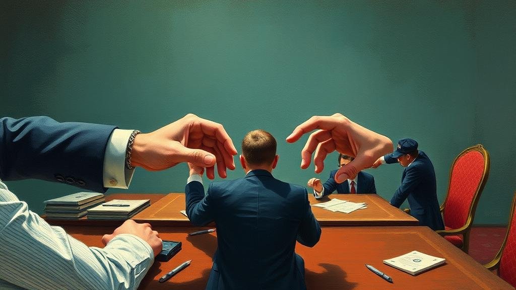 Business executives in a modern office analyzing charts on a glass wall, illustrating a high-stakes deal.