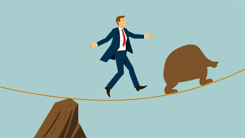 A stylized illustration of a person in a suit representing the Federal Reserve, walking a tightrope between a bull and a bear, symbolizing the delicate balance of managing inflation without causing a recession.