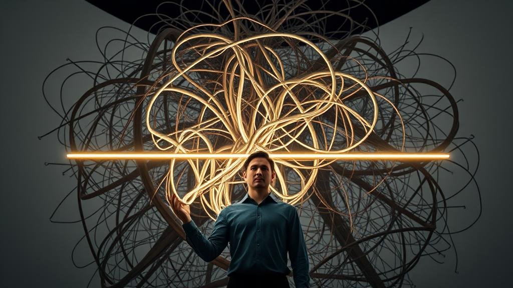 A wide-angle photograph of a person walking along a serene, misty beach at sunrise. The soft, warm light of the rising sun blends with the cool tones of the mist and the sea. The person is a silhouette, gazing out at the expansive ocean, conveying a sense of peace, introspection, and the vastness of the human mind. The overall mood is calm, meditative, and inspiring.