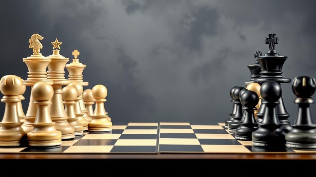A symbolic image of a chessboard where one side, representing the EU, uses currency symbols as pieces to strategically counter military-themed pieces on the other side, illustrating a new era of economic statecraft.