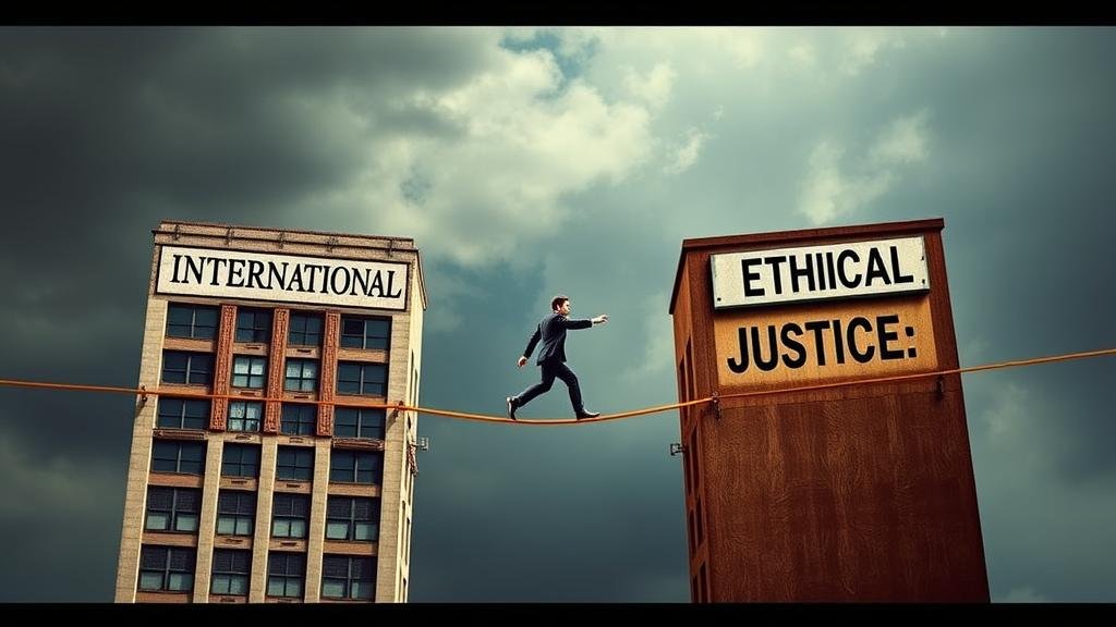 A dramatic visual of a figure walking a tightrope between a building labeled 'International Law' and another labeled 'Ethical Justice,' symbolizing the complex legal and ethical challenges of the financial proposal.