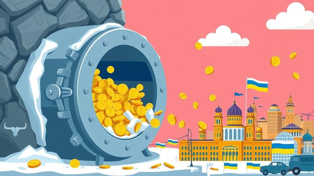 An infographic-style illustration showing a large, frozen vault with a Russian flag, from which golden coins are being collected and channeled into a fund that flows towards the rebuilding of a city with Ukrainian flags.