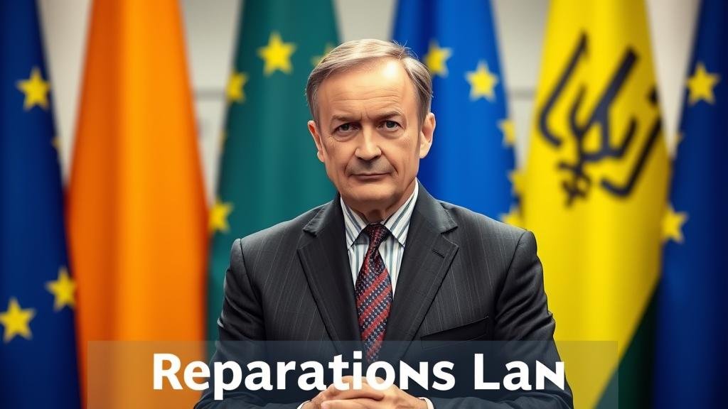 A German politician, representing Chancellor Friedrich Merz, standing confidently in front of EU and Ukrainian flags, architecting a bold financial strategy on a digital blueprint titled 'Reparations Loan'.