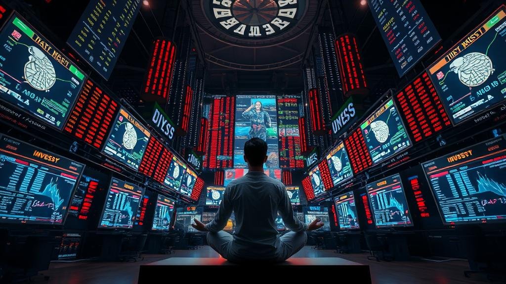 An image of a person calmly meditating in the middle of a chaotic room filled with blinking stock tickers and financial news screens, representing a calm, long-term approach to investing.