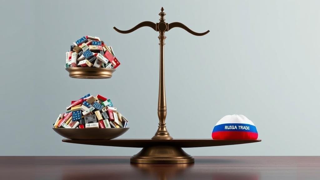 An economic scale showing the vast difference in trade. On one side, a huge pile of goods labeled 'EU & US Trade' weighing down the scale, valued at over $70 billion. On the other side, a tiny pile labeled 'Russia Trade,' valued at just over $1 billion, highlighting the economic gamble.