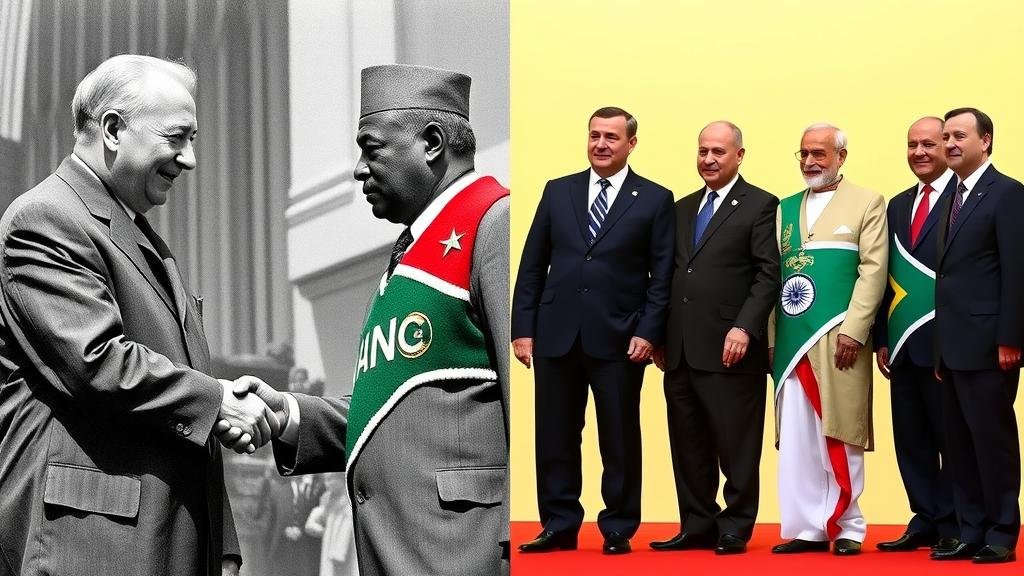 A split-panel image. On one side, a historical depiction of a Soviet official and an ANC member shaking hands during the anti-apartheid era. On the other side, the modern leaders of the BRICS nations (Brazil, Russia, India, China, South Africa) standing together, representing the vision of a multipolar world.