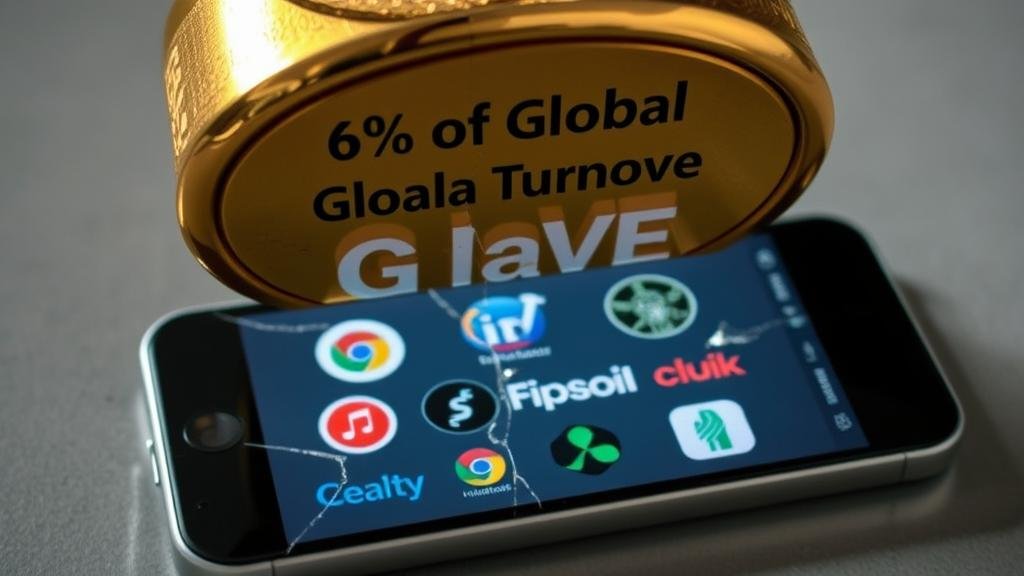 A massive, gold-plated weight labeled '6% of Global Turnover' hanging precariously over a cracked smartphone screen displaying tech company logos.