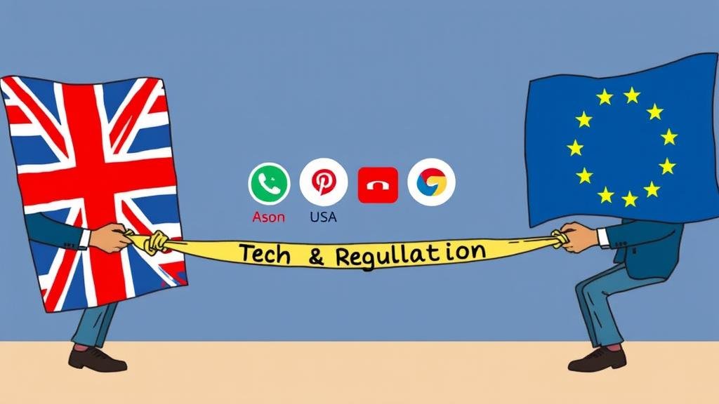 A stylized illustration of a political tug-of-war, with EU and US flags pulling on a rope labeled 'Tech Regulation' as tech logos are strained in the middle.