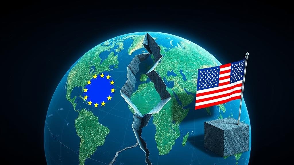 A fractured globe depicting the 'Splinternet,' with crumbling digital bridges between continents marked by EU and US flags.