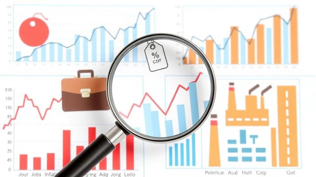An image of a magnifying glass hovering over various economic charts and graphs, with icons representing jobs (briefcase), inflation (price tag), and GDP (factory), illustrating the close examination of economic indicators.