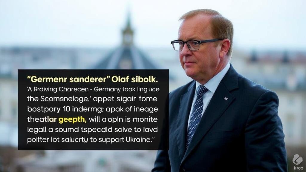 German Chancellor Olaf Scholz standing proudly in front of European Union flags, symbolizing his leading role.