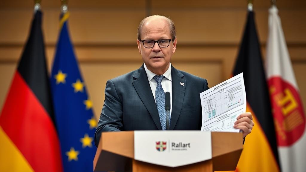 German Chancellor Olaf Scholz standing at a podium with EU and German flags, depicted as the confident architect of the plan, with blueprints for the 'reparations loan' in his hand.