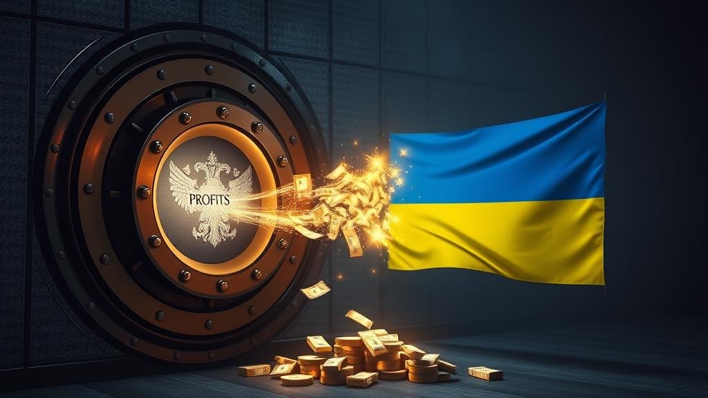 A cinematic-style image of a bank vault with a Russian flag on it. Streams of glowing money, labeled 'profits,' are being funneled out of the vault and directed towards a blossoming Ukrainian flag, illustrating the 'reparations loan' concept.