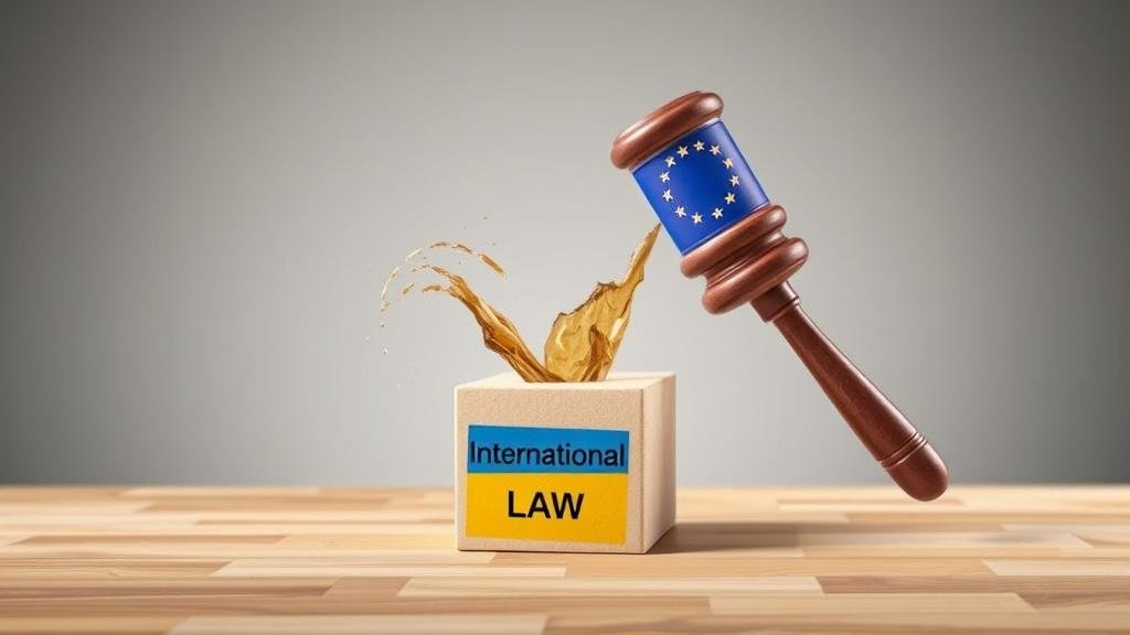 An abstract image of a judge's gavel with an EU flag on it, striking a block labeled 'International Law.' The impact creates a positive ripple effect towards Ukraine and a negative one towards Russia, symbolizing the precedent-setting nature of the decision.