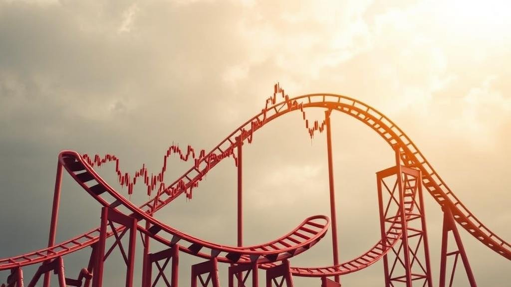A dramatic visual of a rollercoaster on a track made of stock market charts, specifically showing the S&P 500 and Nasdaq, with sharp drops and climbs to represent market volatility.