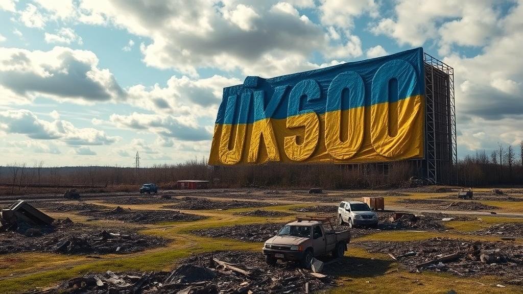 A war-torn Ukrainian landscape with a massive, growing bill in the sky, symbolizing the staggering $500 billion reconstruction cost.