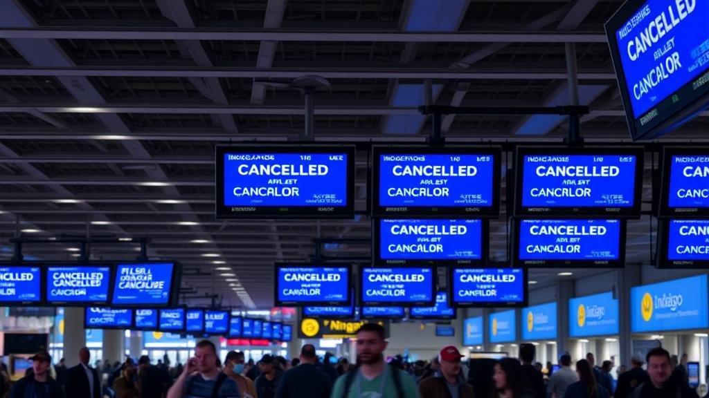 A chaotic airport scene with flight cancellation messages on display screens, symbolizing the disruption from the IndiGo pilot protest.