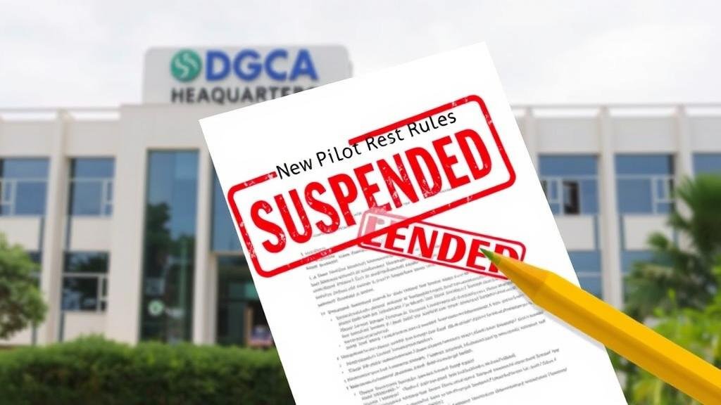 A visual representation of the DGCA headquarters with a document titled 'New Pilot Rest Rules' being stamped with 'Suspended,' capturing the rollback of the regulations.