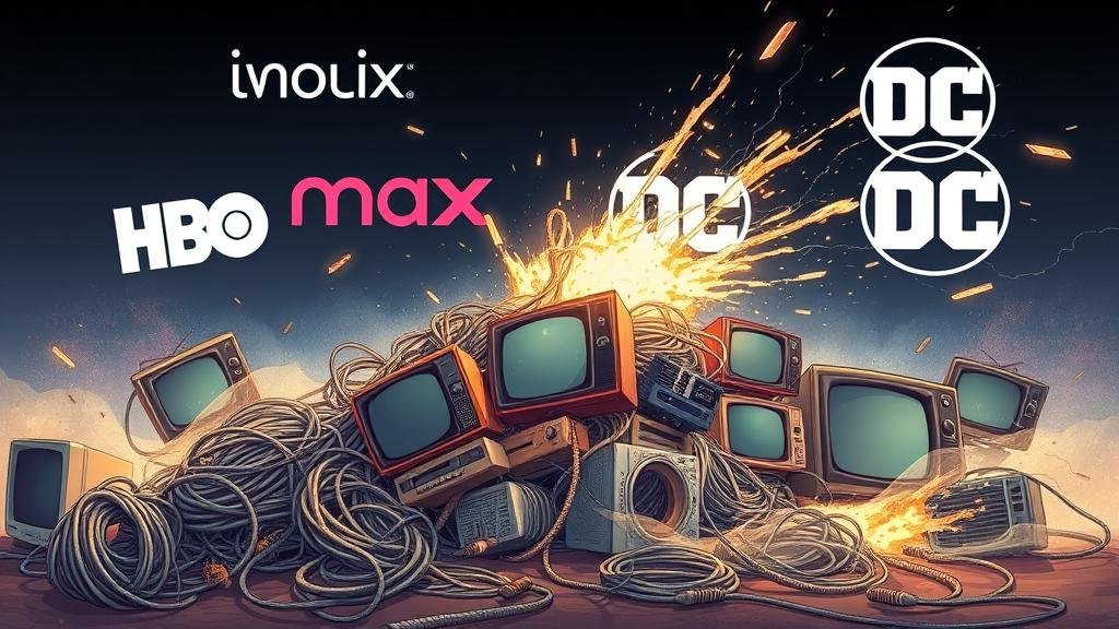 An illustrative image showing a tangled, dusty pile of coaxial cables and old television sets being swept away by a powerful, glowing stream of digital data. In the background, modern, sleek logos of HBO Max and DC comics are rising.