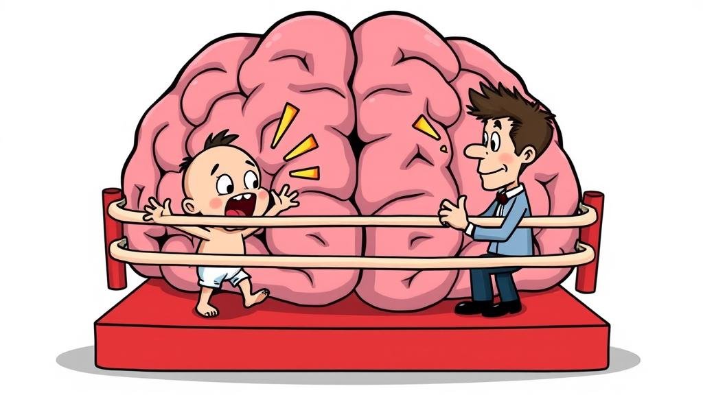 A person looking stressed while alphabetizing a spice rack, with a mountain of important work looming in the background.