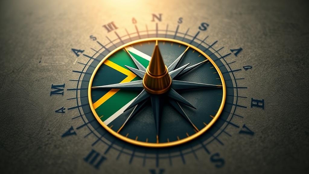 A visual metaphor for South Africa's future direction. This could be a compass with the South African flag at its center, pointing towards a balanced and pragmatic foreign policy. The image should evoke a sense of hope and the promise of a stable and prosperous future through a return to non-alignment and adherence to constitutional values.