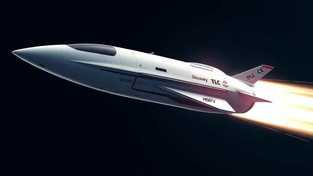 A symbolic image of a sleek, futuristic spaceship, representing the future of streaming, detaching from an older, bulkier section labeled with logos of cable channels like Discovery, TLC, and HGTV. The spaceship accelerates towards a bright future, illustrating the strategic spin-off of legacy assets.