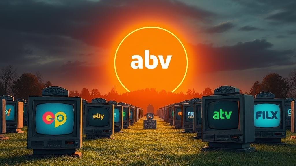 A symbolic image of a graveyard where the tombstones are shaped like old CRT TVs with logos of cable channels on them. In the background, a giant, glowing streaming app logo rises like a sun, symbolizing the end of the cable era and the dawn of streaming dominance.
