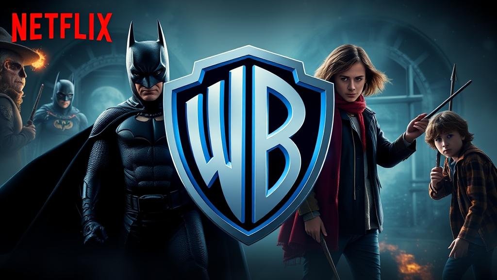 A dramatic cinematic poster showing the Netflix logo and the Warner Bros. logo merging together. Iconic characters like Batman, Harry Potter, and a character from Stranger Things are dramatically posed around them, symbolizing a massive new content empire.