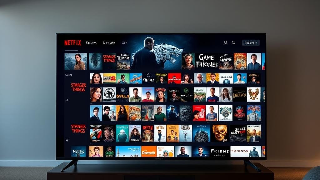 An image showing a single streaming app interface on a large TV screen. The screen is filled with a vast library of famous shows and movies from different studios, such as 'Stranger Things,' 'Harry Potter,' 'Game of Thrones,' and 'Friends,' all coexisting in one place to illustrate the concept of a 'super-streamer'.