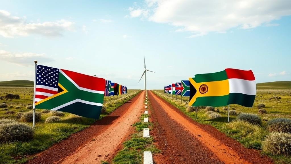A metaphorical image of South Africa at a crossroads, with one path leading towards traditional Western allies and the other towards BRICS nations, representing the foreign policy shift.