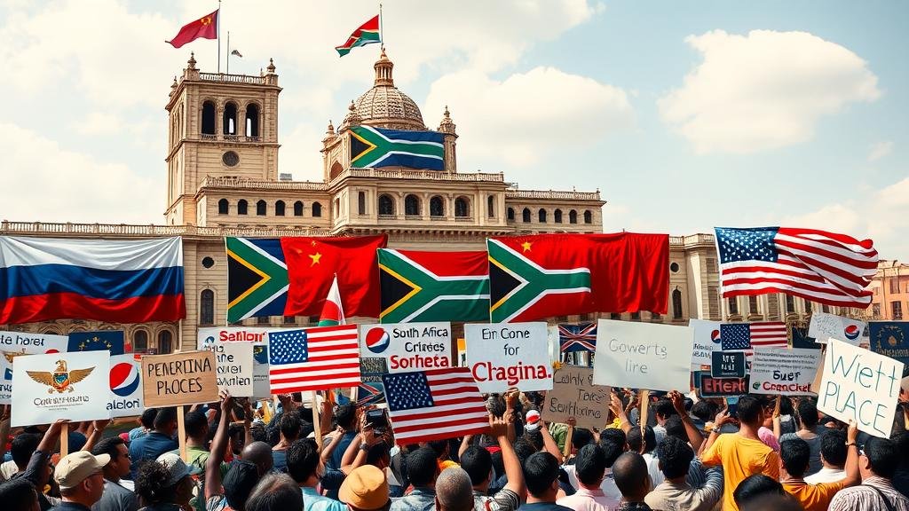 A visual depicting the internal conflict, with South African government buildings with Russian flags versus citizens holding signs with American logos.