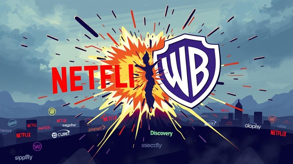 A dramatic, cinematic illustration of the Netflix and Warner Bros. Discovery logos colliding, sending shockwaves through a landscape of other streaming service icons, symbolizing a major disruption in the streaming wars.