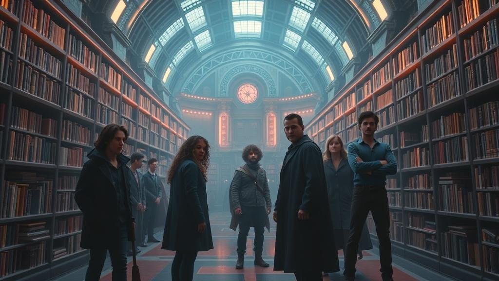 A visually stunning image of a vast, futuristic library where characters from Stranger Things, Game of Thrones, Harry Potter, and the DC Universe are seen interacting, representing the ultimate combined content library.