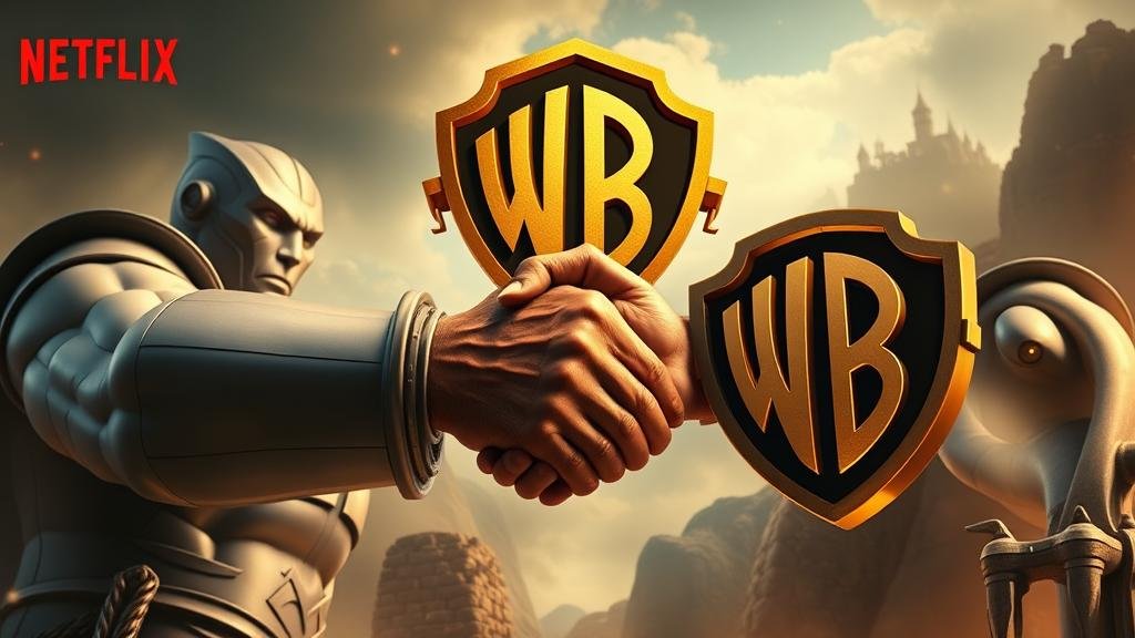 An epic fantasy-style image of two titans, one representing the modern, sleek aesthetic of Netflix and the other the classic, golden age of Hollywood embodied by Warner Bros., shaking hands in a powerful merger.