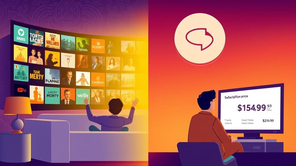 A split-screen illustration showing the pros and cons of media consolidation, with one side depicting a joyful consumer with endless choices and the other a concerned consumer facing a price hike.