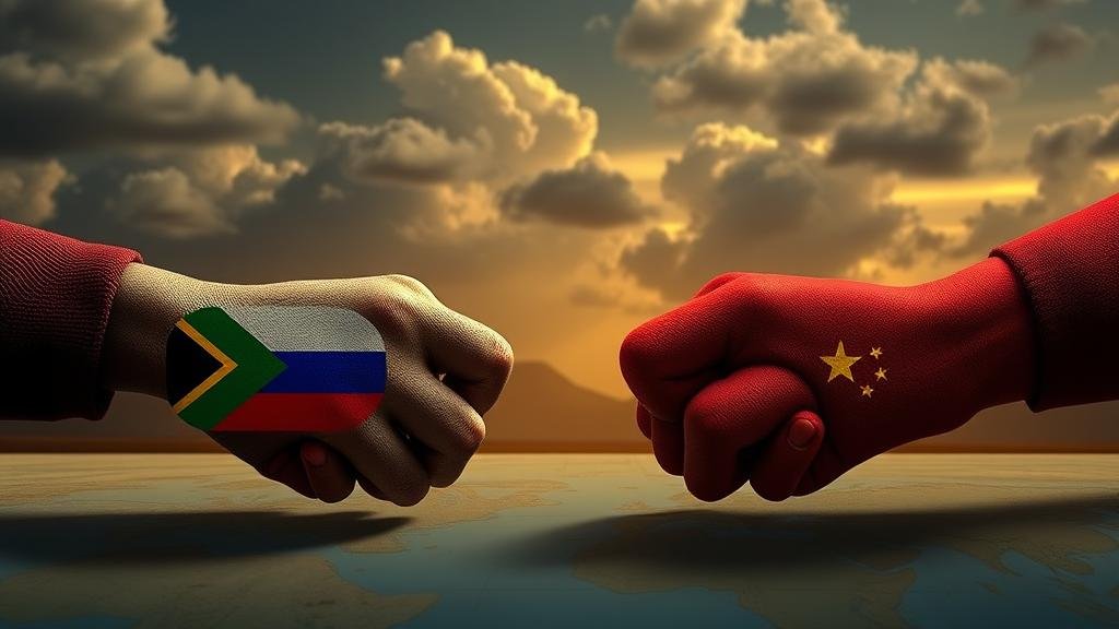 An illustration of the deep-rooted historical ties between South Africa and Russia, stemming from the anti-apartheid struggle, alongside the growing economic influence of China, now its largest trading partner, showcasing the dual forces pulling the nation's allegiance eastward.