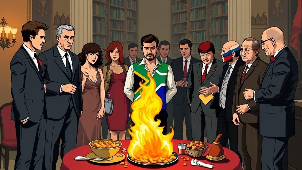 An allegorical scene at a party, where a person representing South Africa is uncomfortably standing between two distinct groups. One group is sophisticated and well-dressed (representing the West), looking judgemental. The other group is edgier, with a figure representing Russia mischievously setting a snack table on fire, representing the global drama and South Africa's difficult diplomatic position.