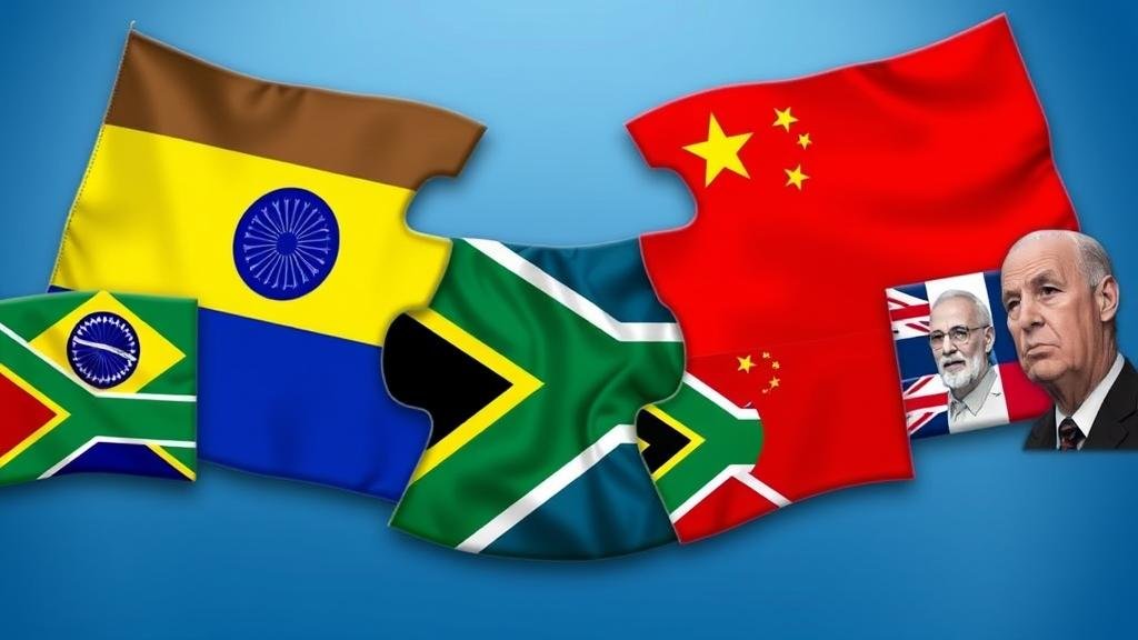 A visual representation of the geopolitical landscape shifting. The flags of the BRICS nations are being stitched together, forming a new bloc, while Western flags look on disapprovingly. The South African flag is central, signifying its pivotal role.