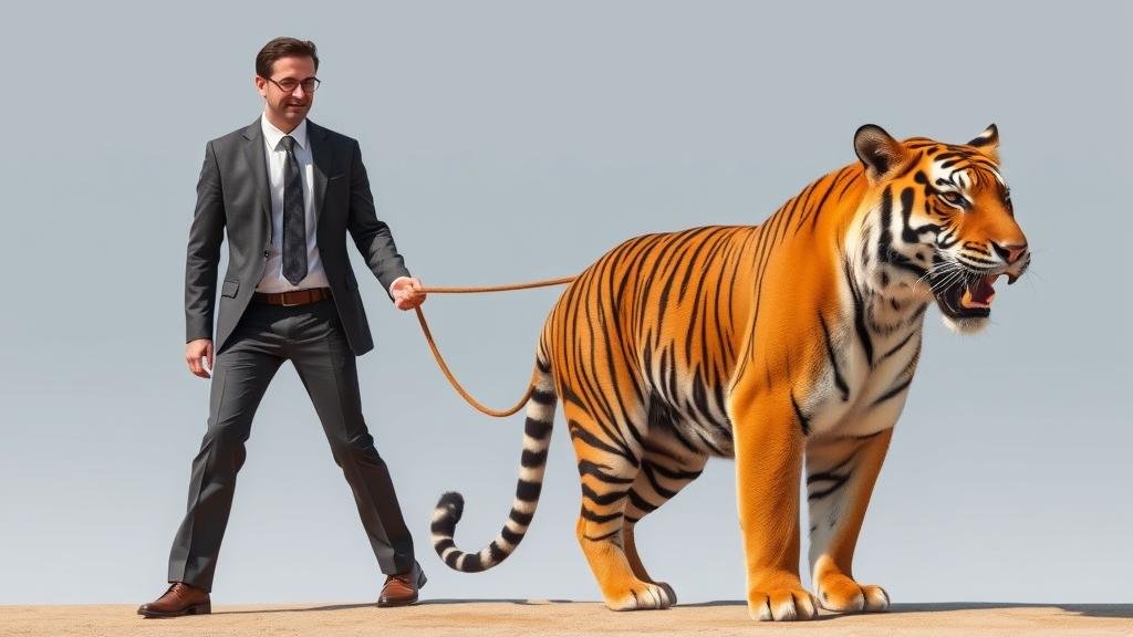 A well-dressed investor cautiously holds a large, powerful tiger on a leash. The scene represents the 'double-edged sword' of crypto and equity correlation - high potential but also significant risk.