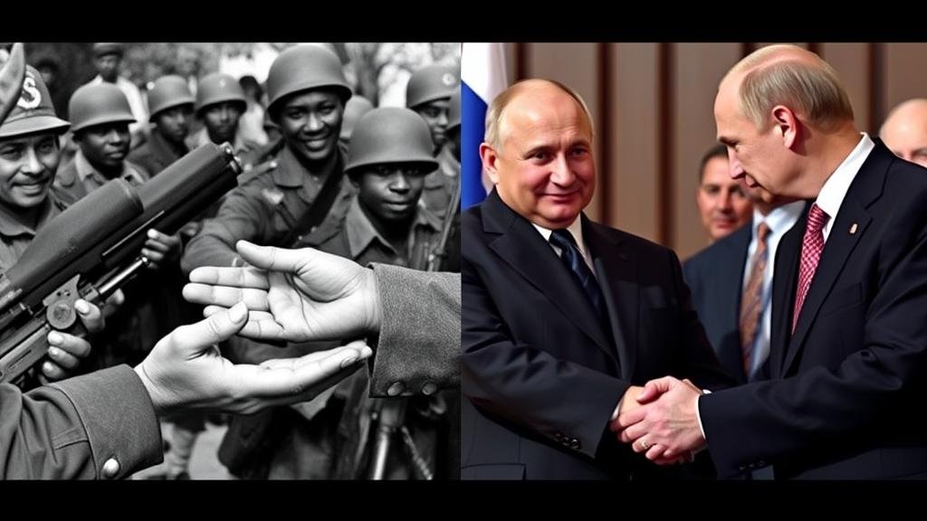 A split-screen image showing historical Soviet support for ANC soldiers vs. a modern handshake between South African and Russian leaders, illustrating the continuity of their alliance.