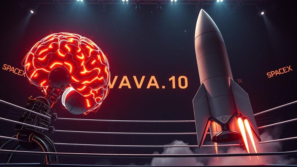 SpaceX rocket and OpenAI brain facing off in a cosmic boxing ring