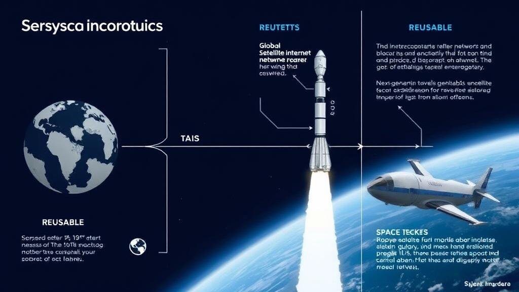 A visual breakdown of the company's key technologies: a global satellite internet network, reusable rockets, and a next-generation spacecraft for interplanetary travel.