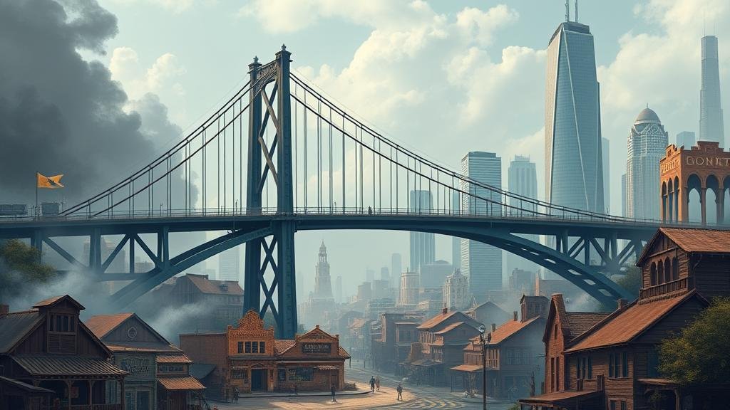 A sturdy, modern bridge connecting a chaotic, Wild West-themed town representing 'crypto' to a sleek, towering cityscape representing 'the stock market', symbolizing the new connection between them.